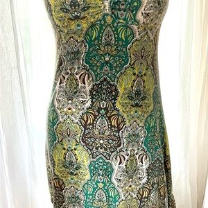 Halter Dress Midi Strapless Dress size Large Green paisley Print Stretchy EUC